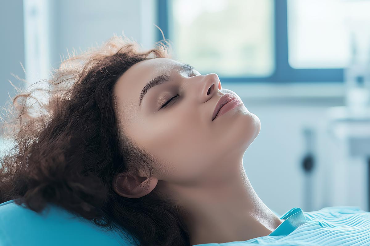 beautiful woman lying on the dentist's chair with closed eyes in