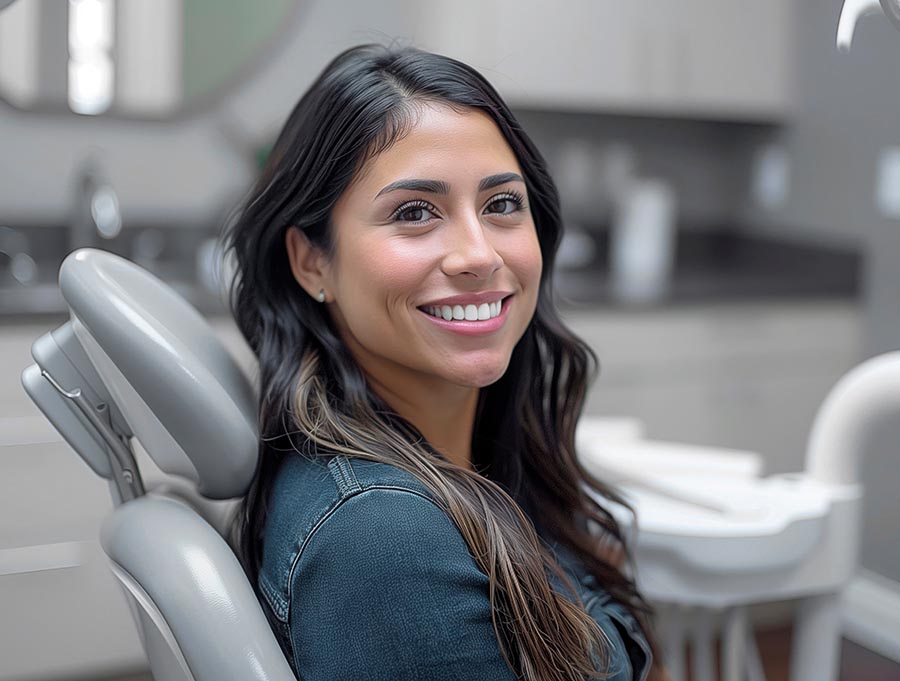 A woman with long dark hair sits in a dental chair, smiling confidently at the camera. She is wearing a blue denim jacket and has a white earring in her left ear. The chair is gray and has a white headrest. The room is a dental office, with a sink and other equipment visible in the background.