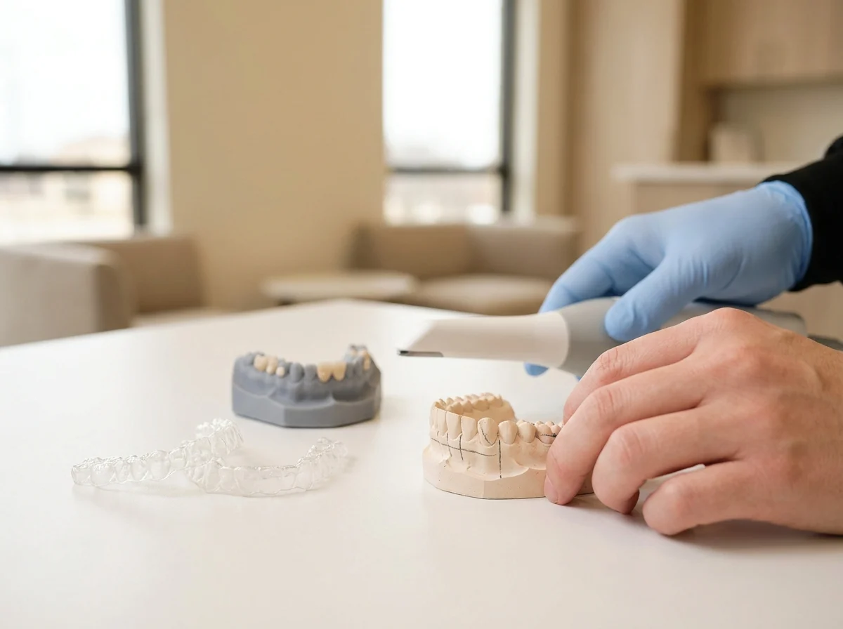 Smiling person showing teeth with transparent aligners visible