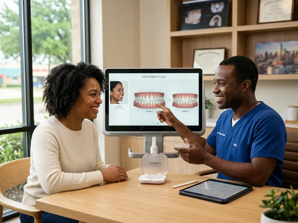 Dentist and patient reviewing clear aligner treatment in