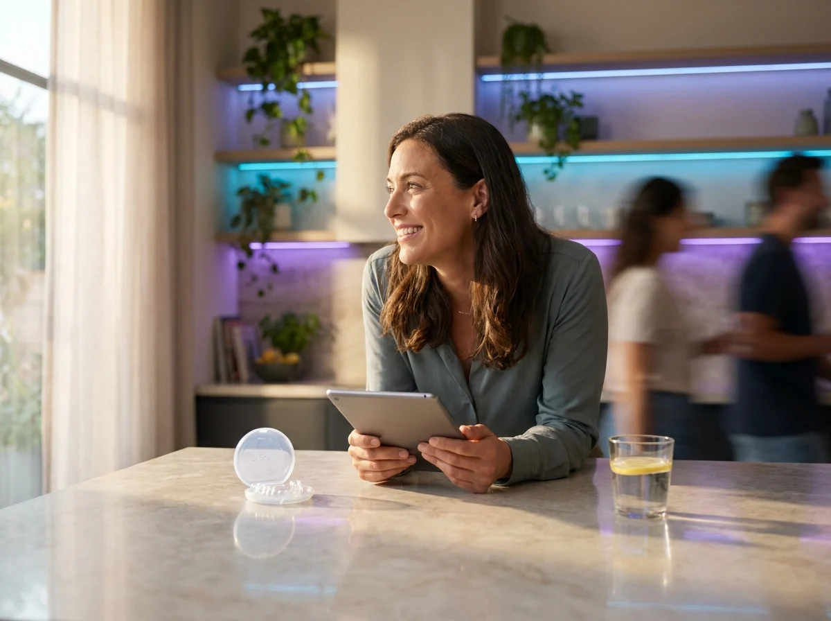 Smiling person comparing clear aligner trays beside dental model