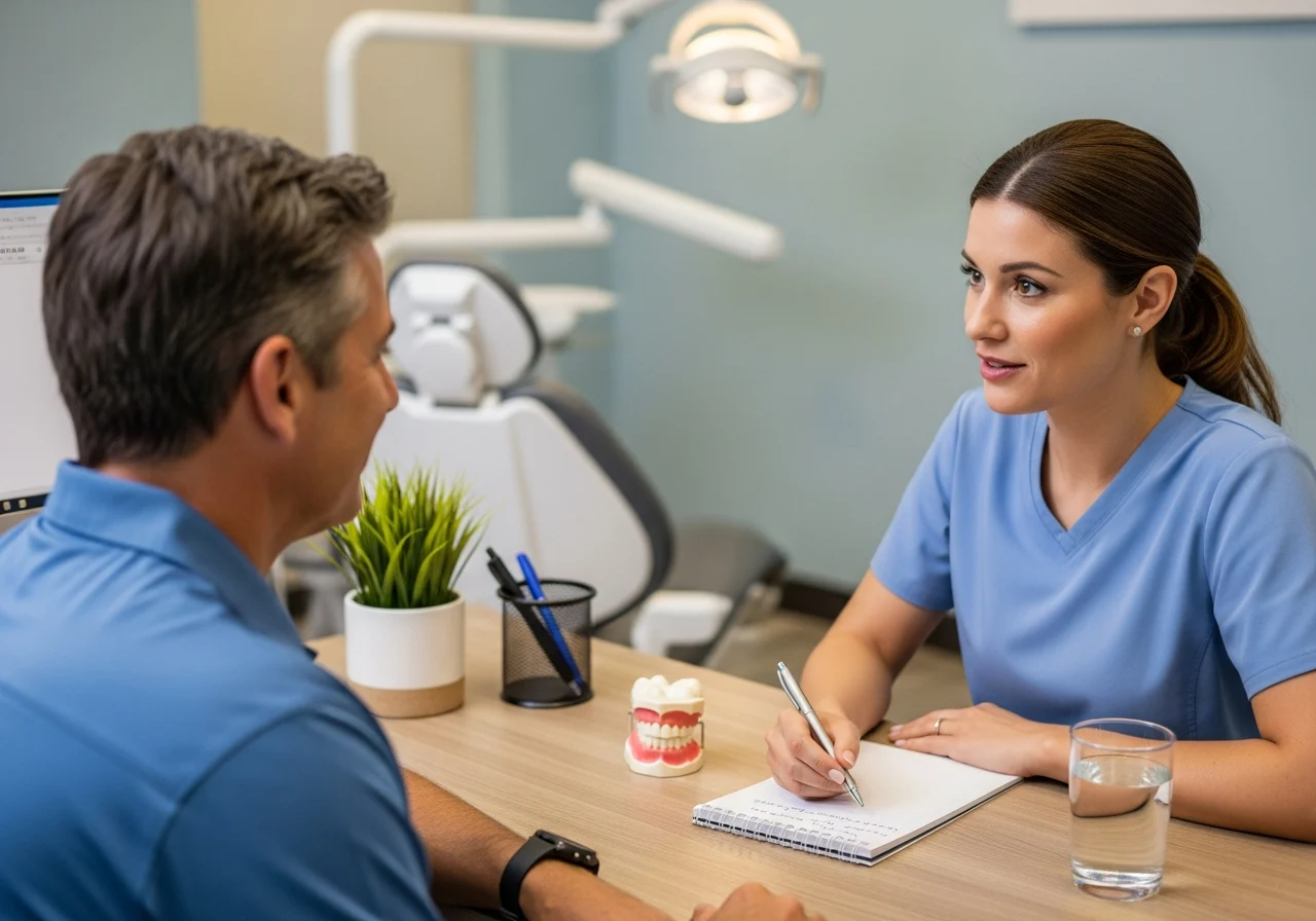 A calm dental office with a dentist explaining treatment options to a patient