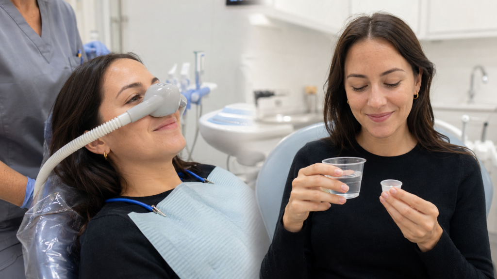 Patient using a nitrous oxide nasal mask beside a patient holding oral sedation medication and water in a dental office.