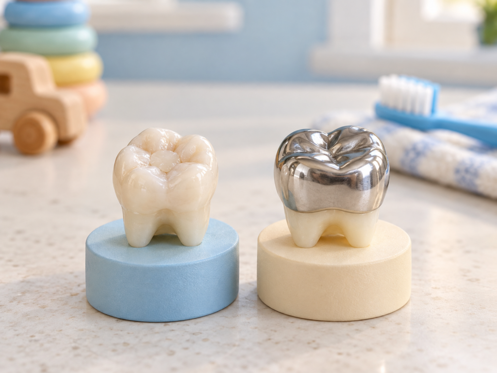 Two baby molar models displayed side by side, one with a tooth-colored filling and the other with a stainless steel crown.